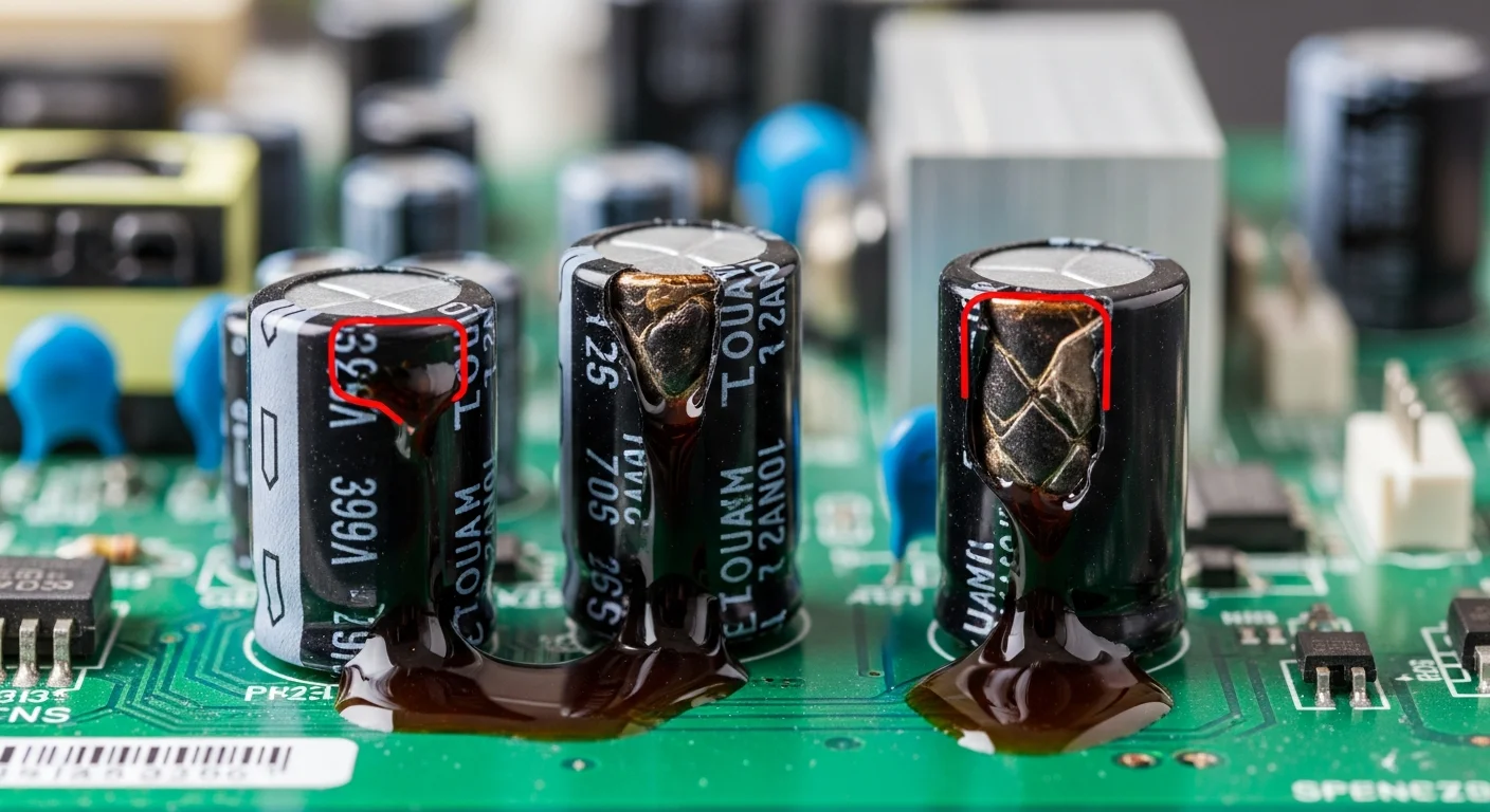 Condensateurs gonflés sur la carte d'alimentation d'un téléviseur en panne