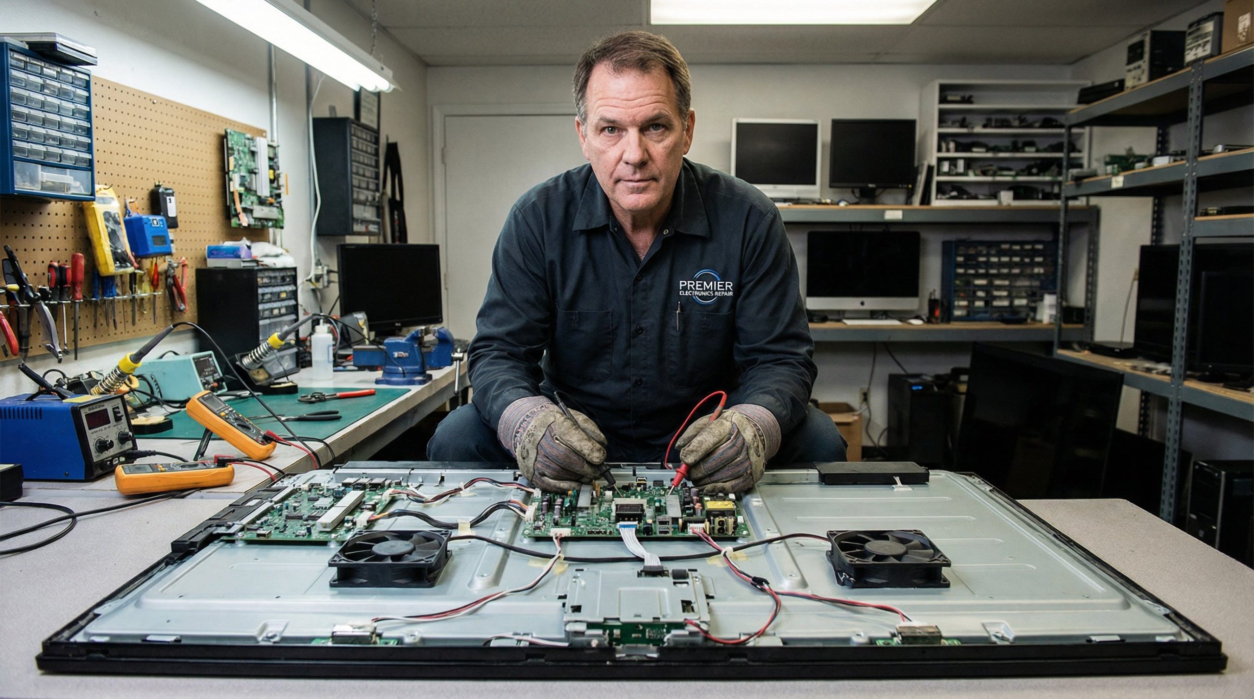 Technicien réparateur examinant les composants internes d'une TV