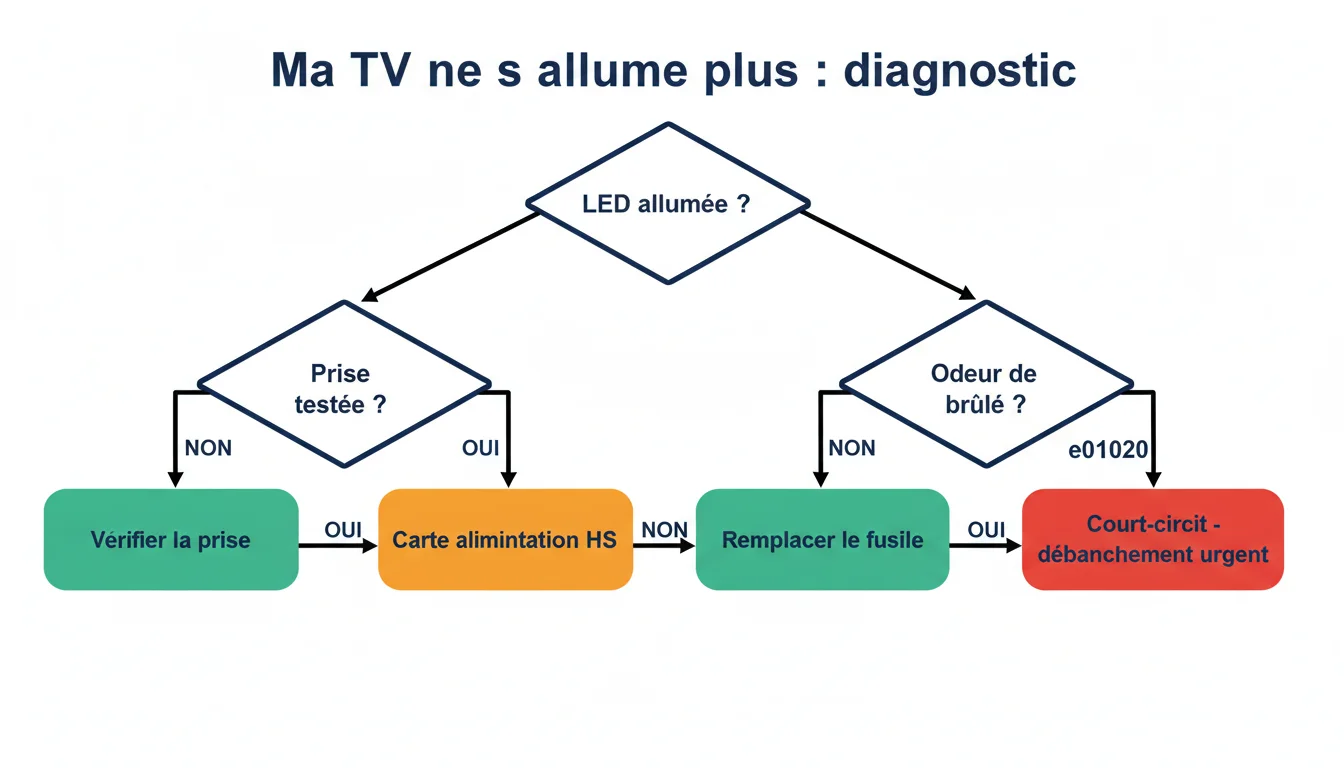 Schéma de diagnostic pour identifier la panne d'une TV qui ne s'allume plus