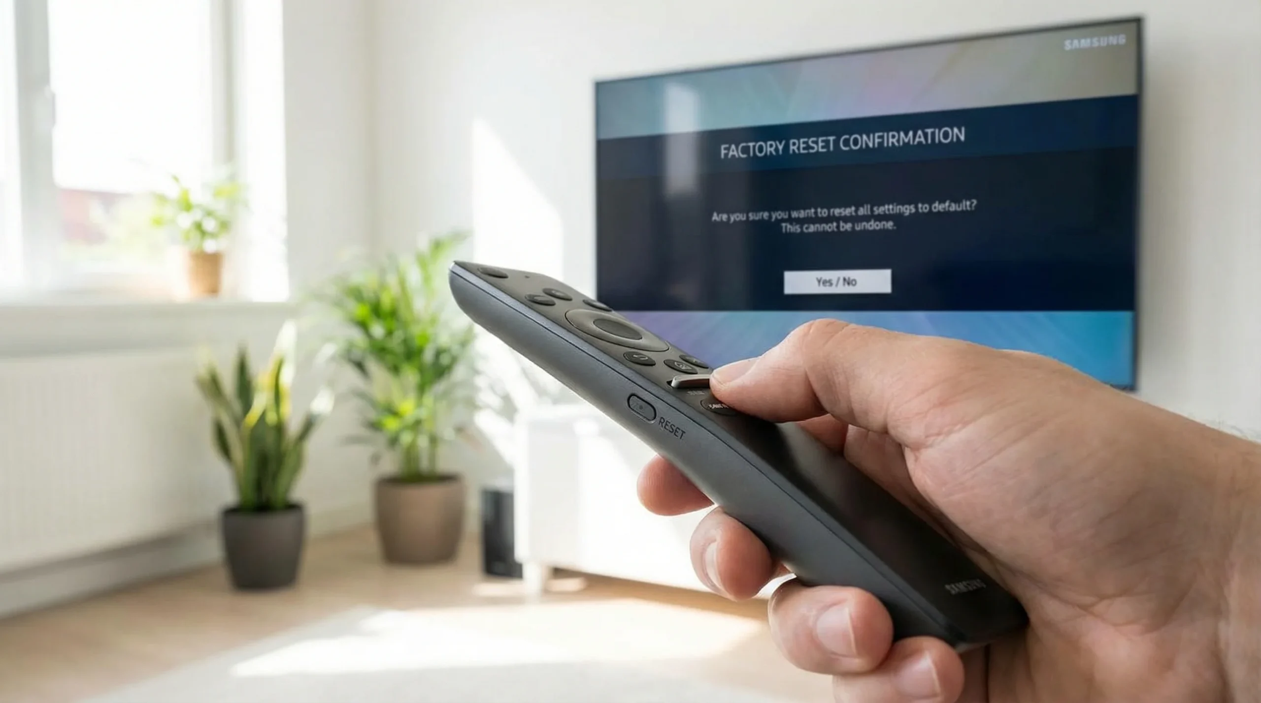 Mains tenant une télécommande TV en appuyant sur le bouton de réinitialisation