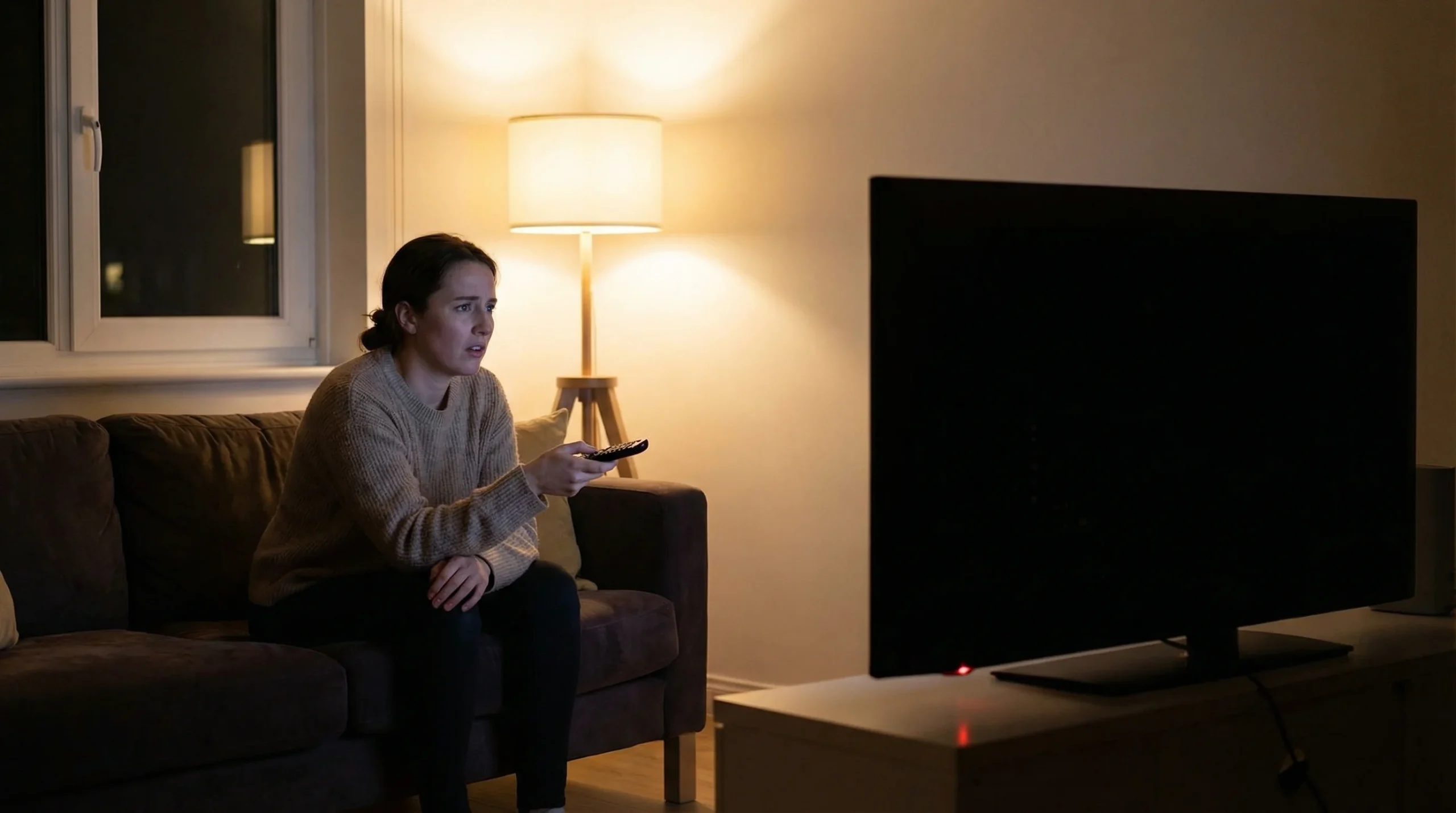 Personne assise sur un canapé dans un salon moderne, regardant avec confusion une télévision éteinte avec un voyant rouge en veille, télécommande à la main
