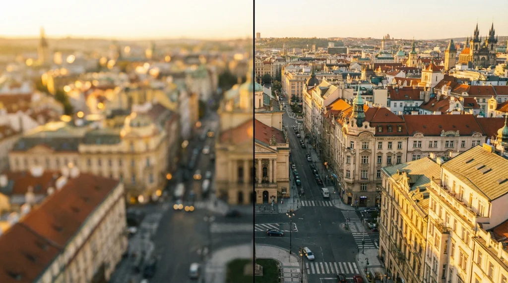 Photo paysage urbain floue à gauche et nette à droite après déflouteage