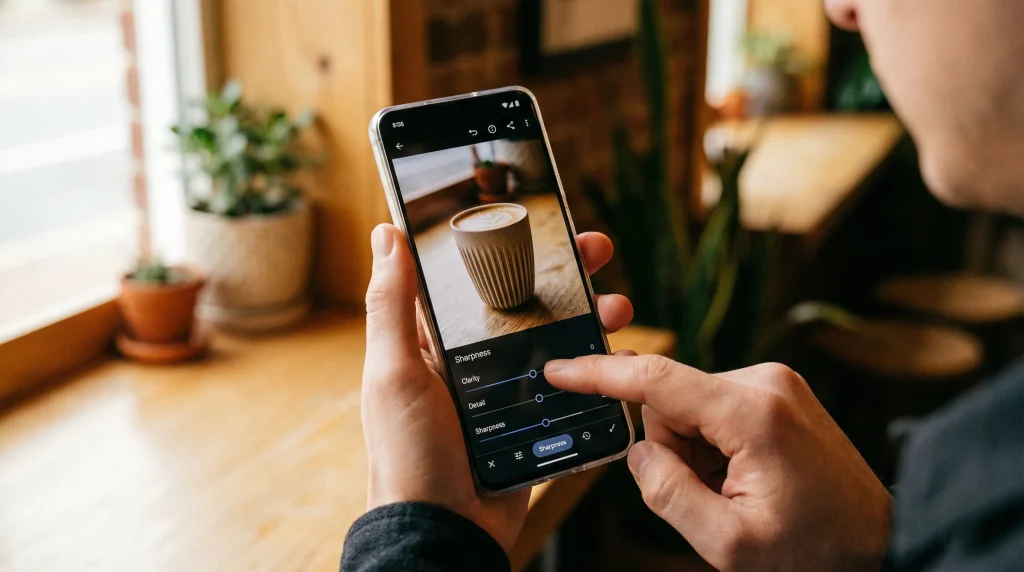 Mains tenant un smartphone avec application de déflouteage photo ouverte