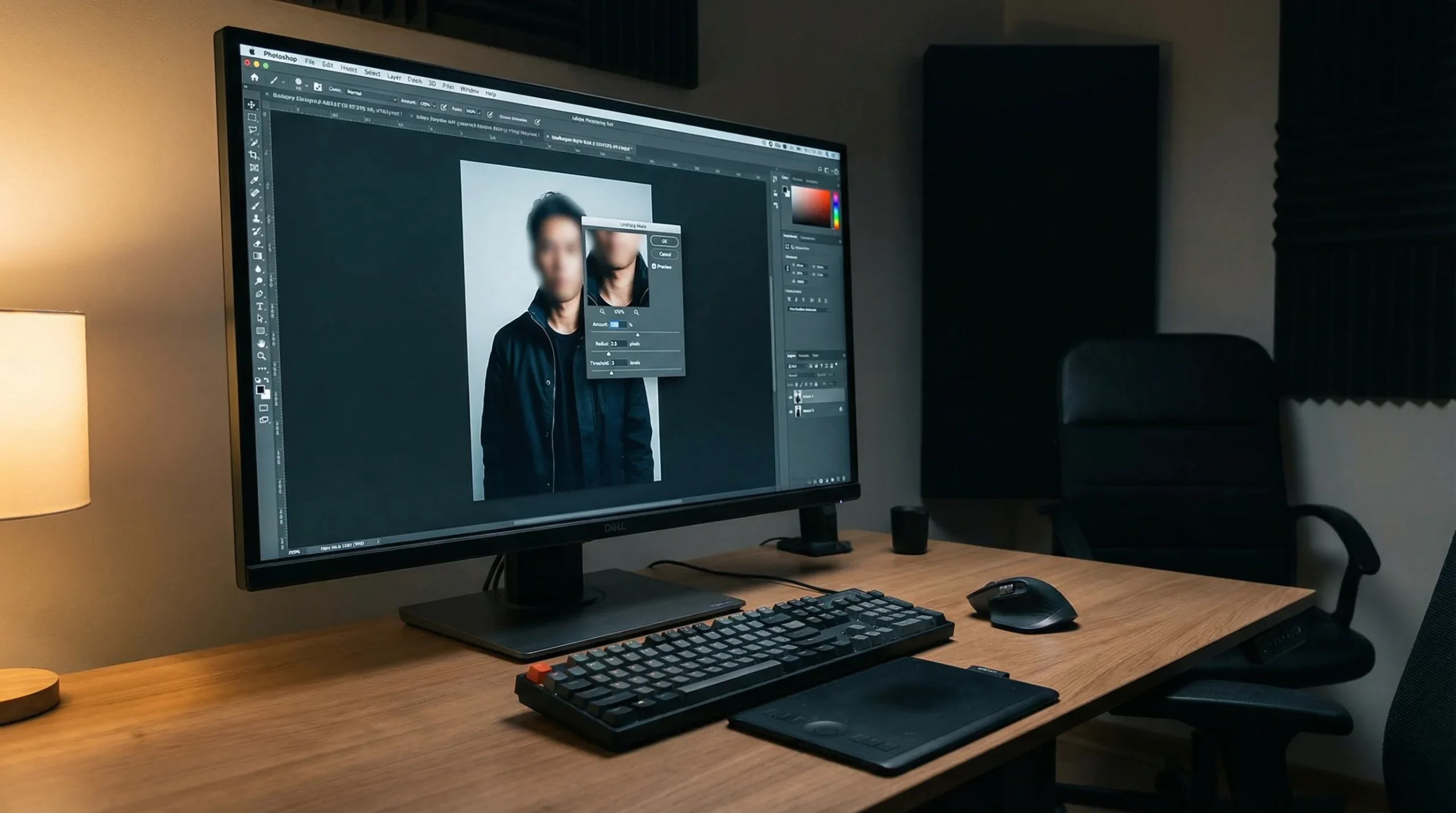 Interface Adobe Photoshop avec filtre Unsharp Mask ouvert sur photo