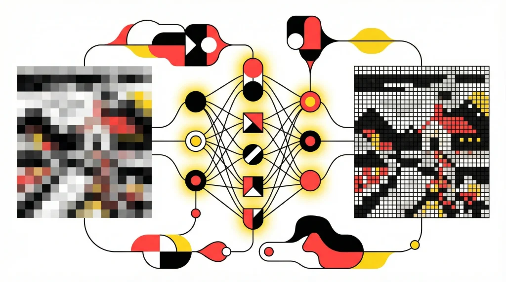 Schéma super-résolution IA réseau neuronal amélioration netteté image