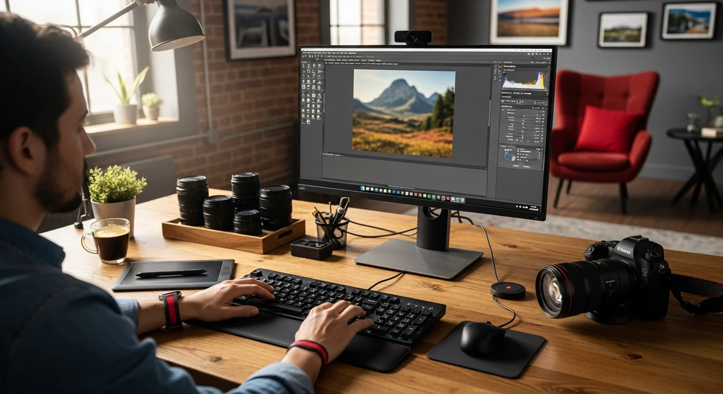 Photographe professionnel retouchant une photo floue sur son ecran 27 pouces en studio