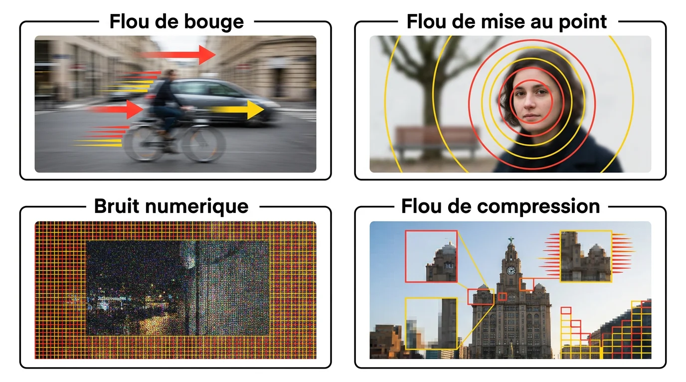 Schema pedagogique des 4 types de flou photo : flou de bouge, flou de mise au point, bruit numerique et flou de compression
