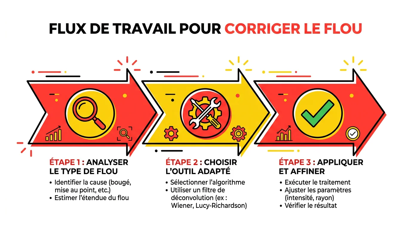 Infographie des 3 etapes pour deflouter une image : analyser le type de flou, choisir l'outil adapte, appliquer et affiner