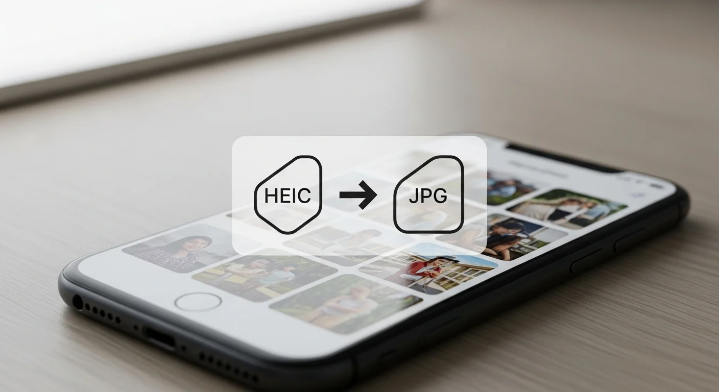 Smartphone affichant une galerie photos avec conversion HEIC vers JPG