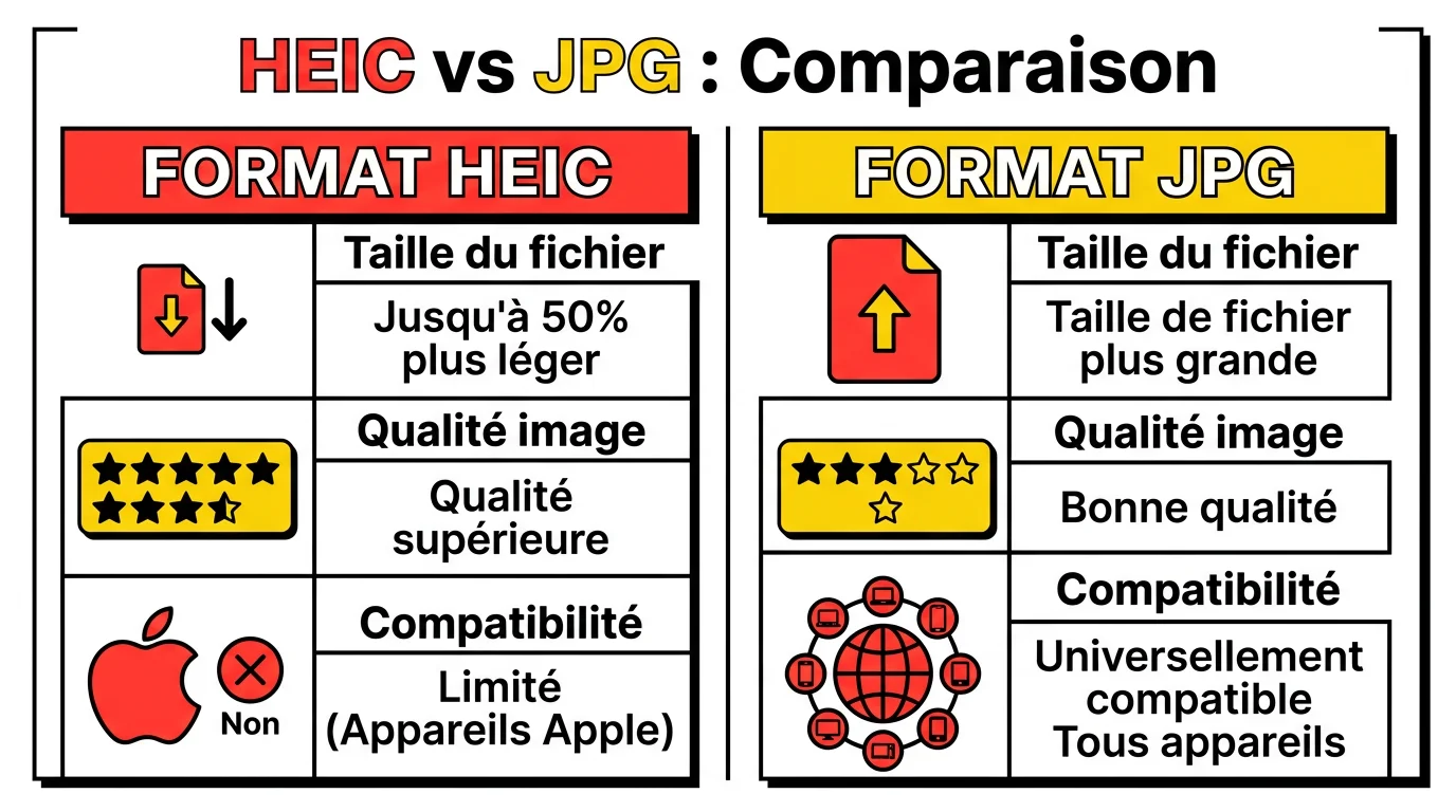 Comparaison des formats HEIC et JPG : taille, qualite et compatibilite