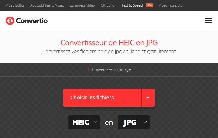 Interface de conversion HEIC en JPG sur Convertio