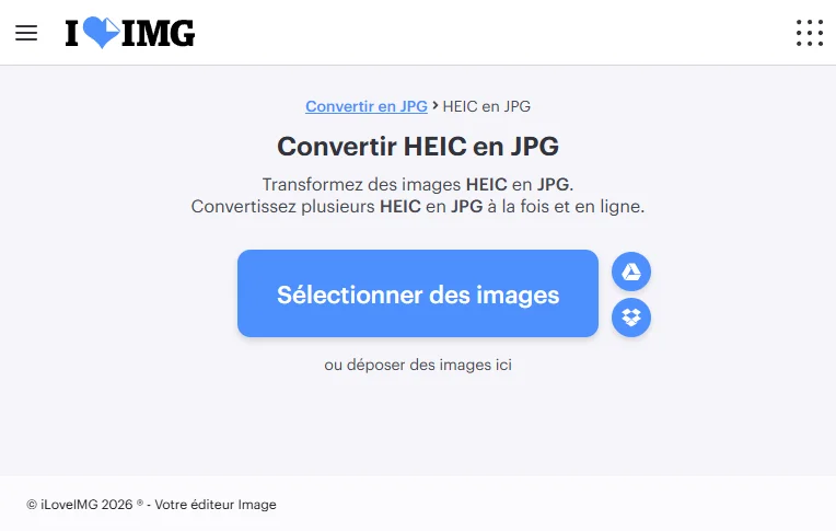 Interface de conversion HEIC en JPG sur iLoveIMG
