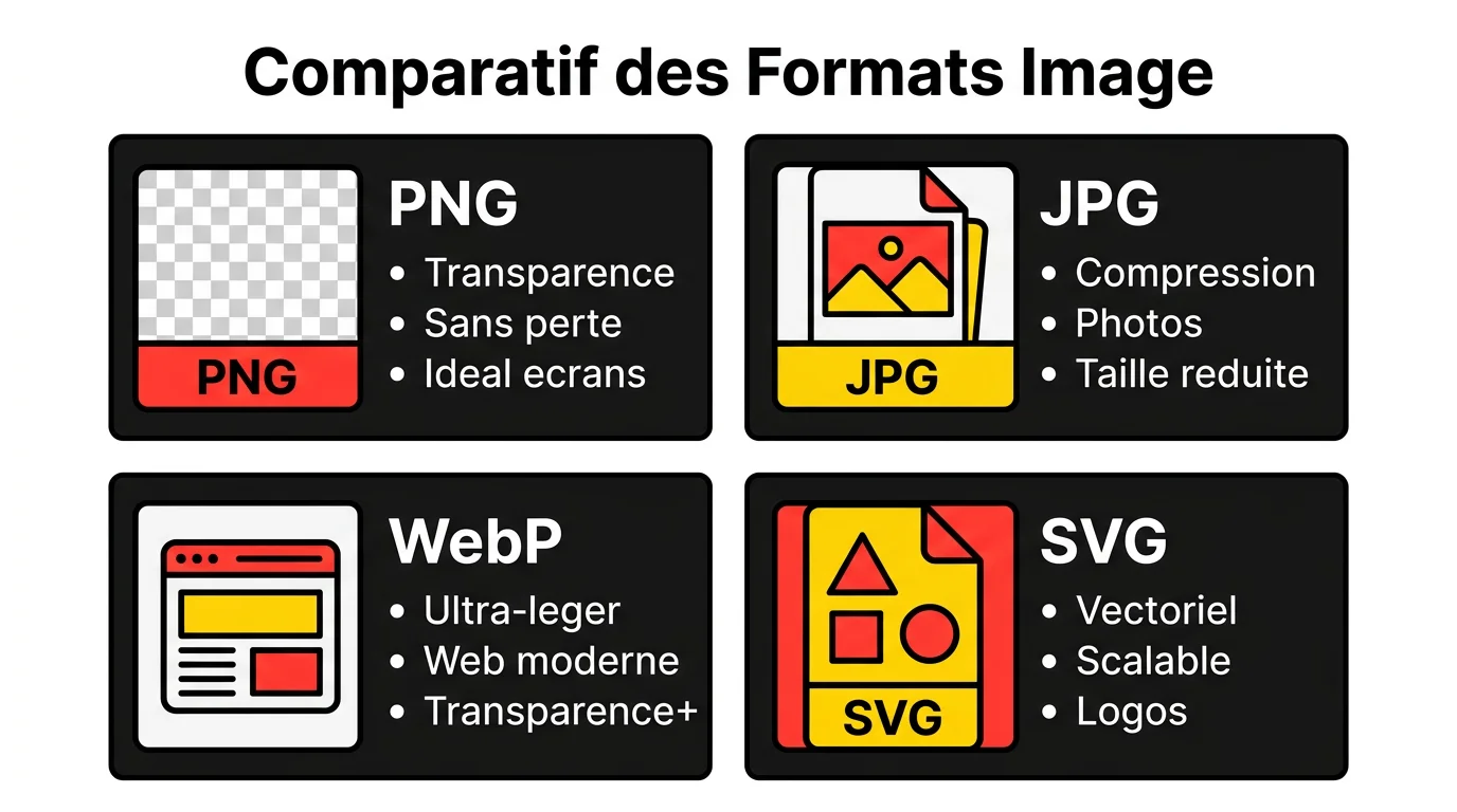 Infographie comparant les formats PNG, JPG, WebP et SVG avec leurs caractéristiques