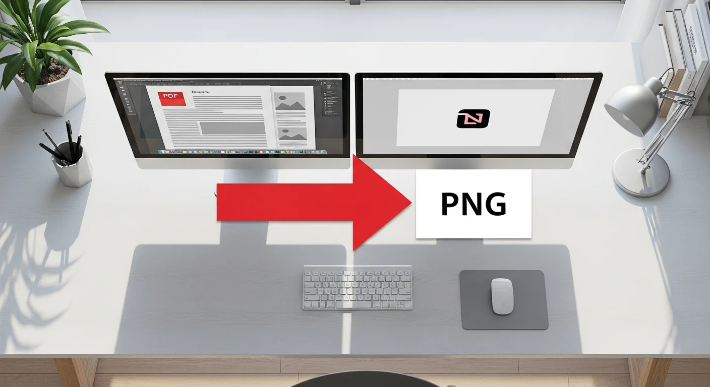Bureau avec écran affichant la conversion d'un fichier PDF en image PNG
