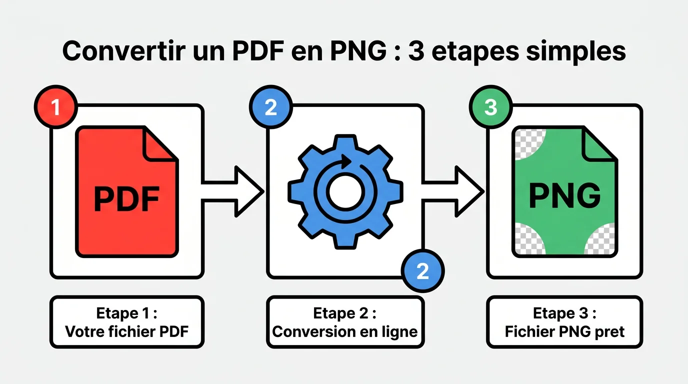 Diagramme en trois étapes illustrant la conversion d'un fichier PDF en image PNG