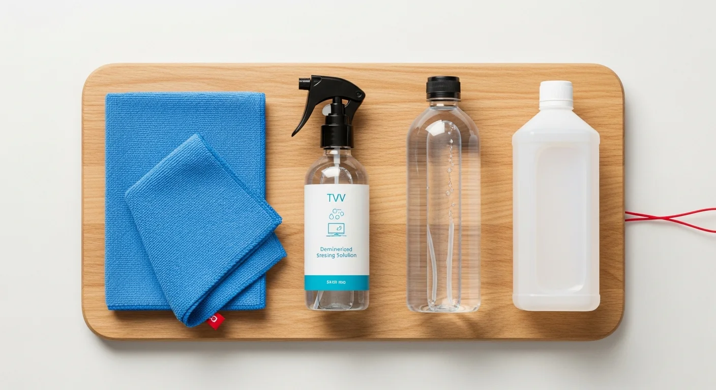 Plan de travail avec les produits recommandés pour nettoyer un écran TV : chiffon microfibre, spray spécialisé, eau déminéralisée et vinaigre blanc