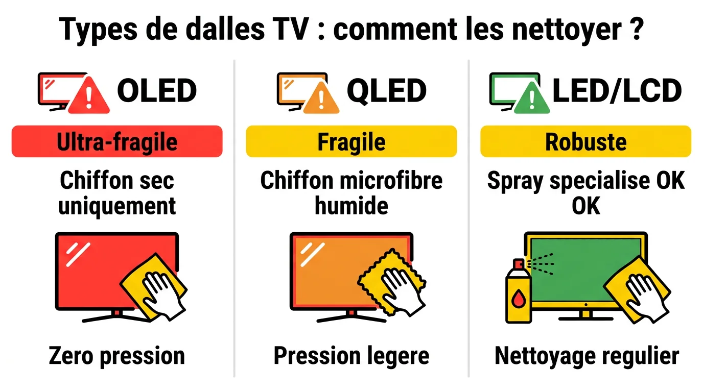 Infographie comparant les 3 types de dalles TV (OLED, QLED, LED/LCD) avec leur niveau de fragilité et les produits de nettoyage adaptés