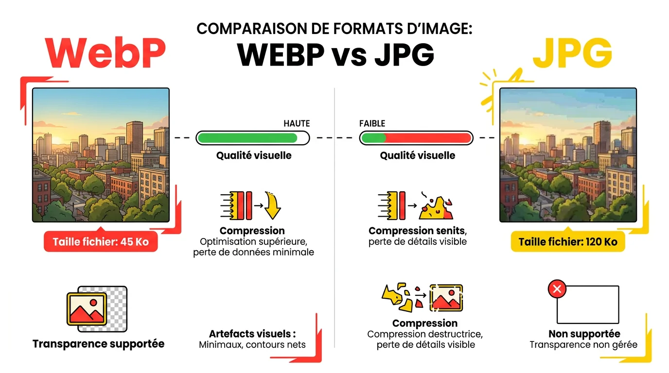 Comparaison cote a cote du format WebP et JPG avec indicateurs de taille et de qualite