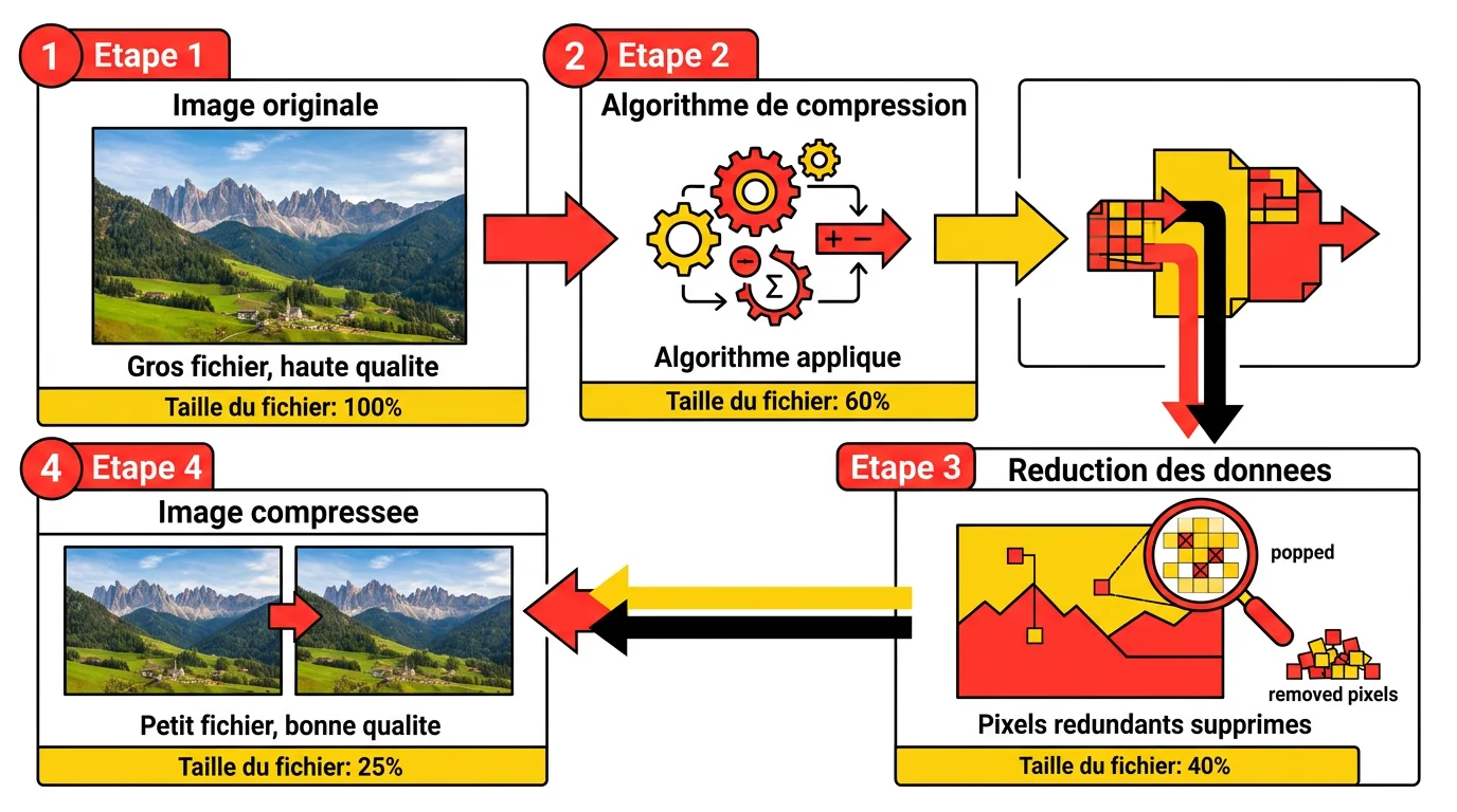 Schema pedagogique en 4 etapes du processus de compression d'image