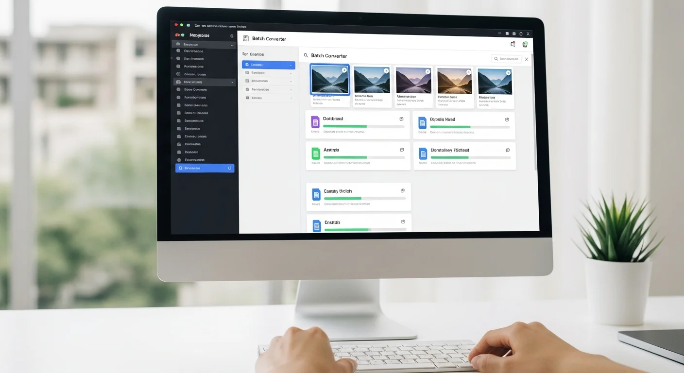 Mains sur un clavier avec ecran affichant plusieurs fichiers images en conversion par lot