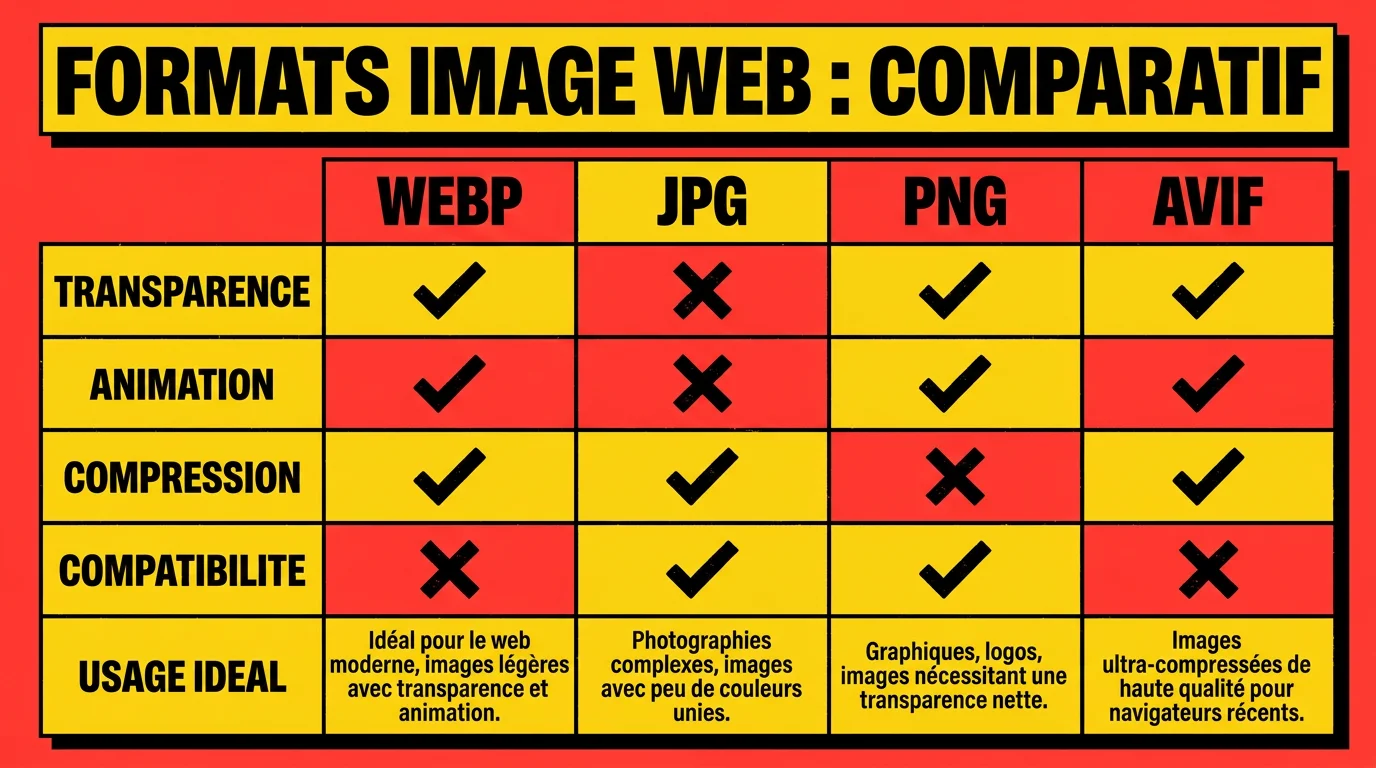 Infographie comparant les formats d'image web WebP, JPG, PNG et AVIF