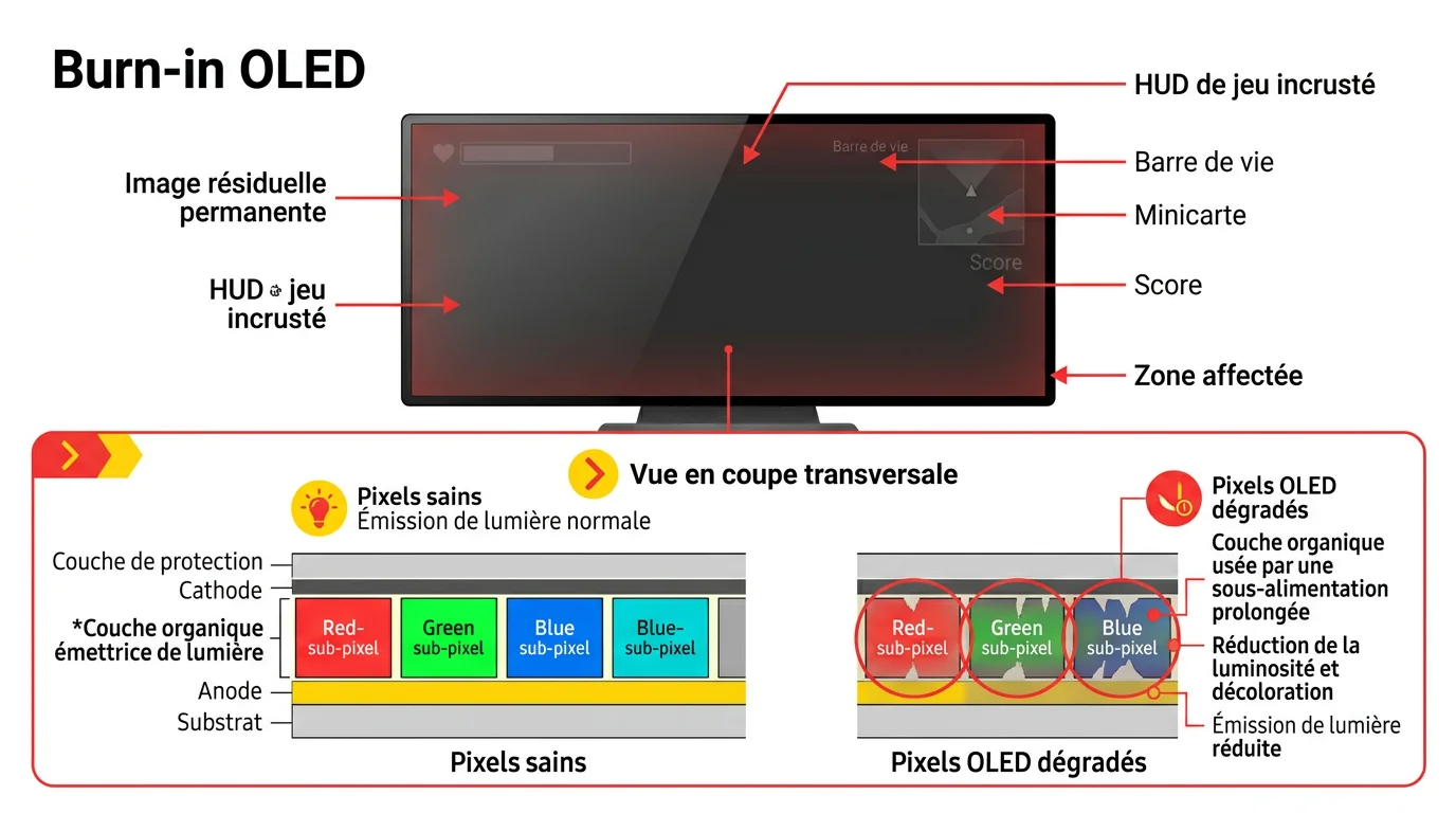 Schema explicatif du phenomene de burn-in sur un ecran OLED avec image residuelle d'un HUD de jeu video incrustee