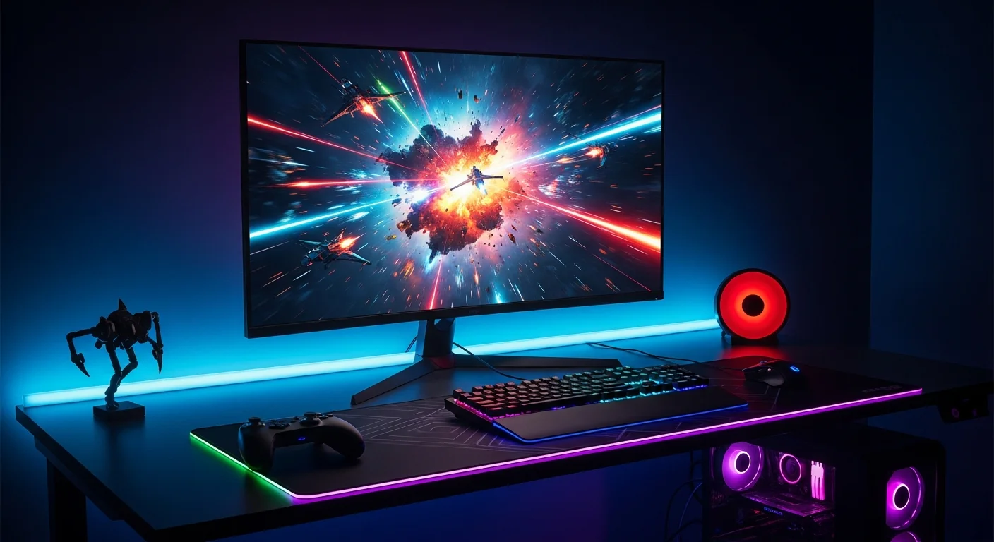 Setup gaming avec grand televiseur affichant un jeu video en action, manette visible et eclairage RGB ambiant colore