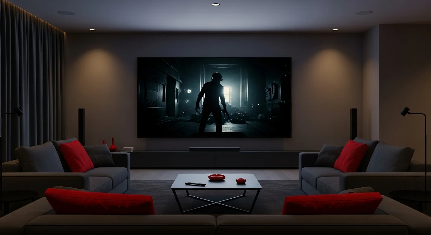 Salon moderne avec televiseur OLED affichant une scene de film sombre aux noirs profonds, ambiance cinema