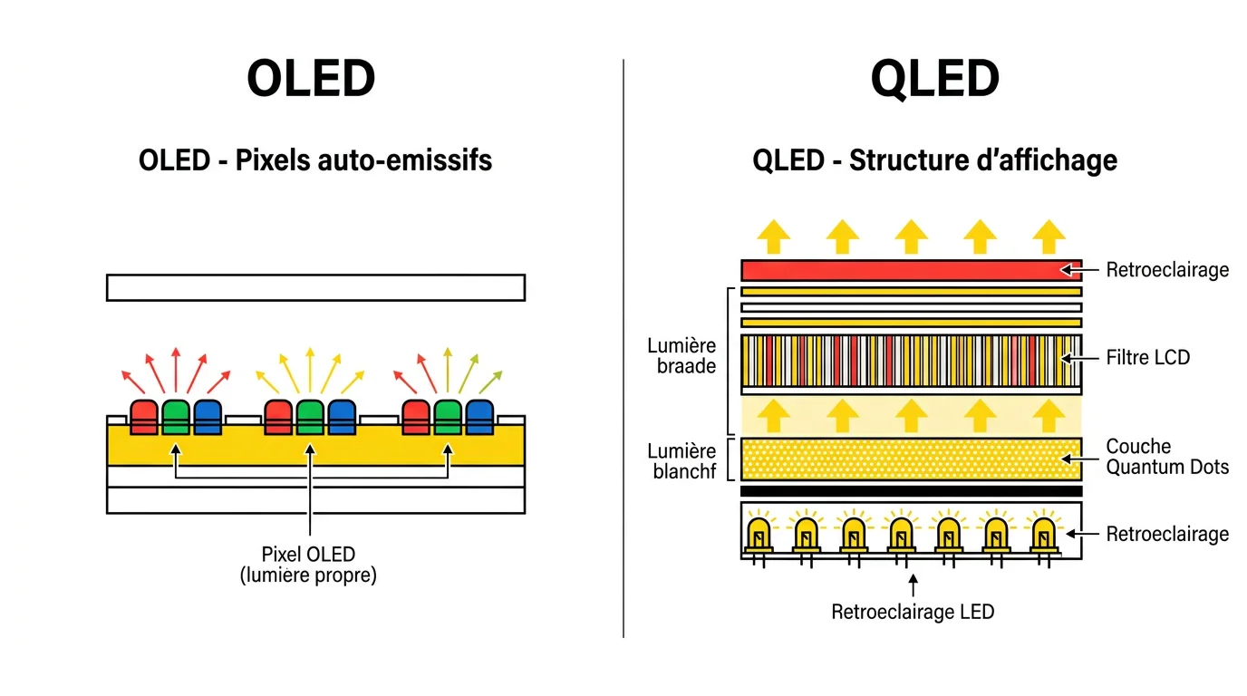 Schema en coupe comparant la structure d'une dalle OLED et d'une dalle QLED avec retroeclairage LED et couche quantum dots