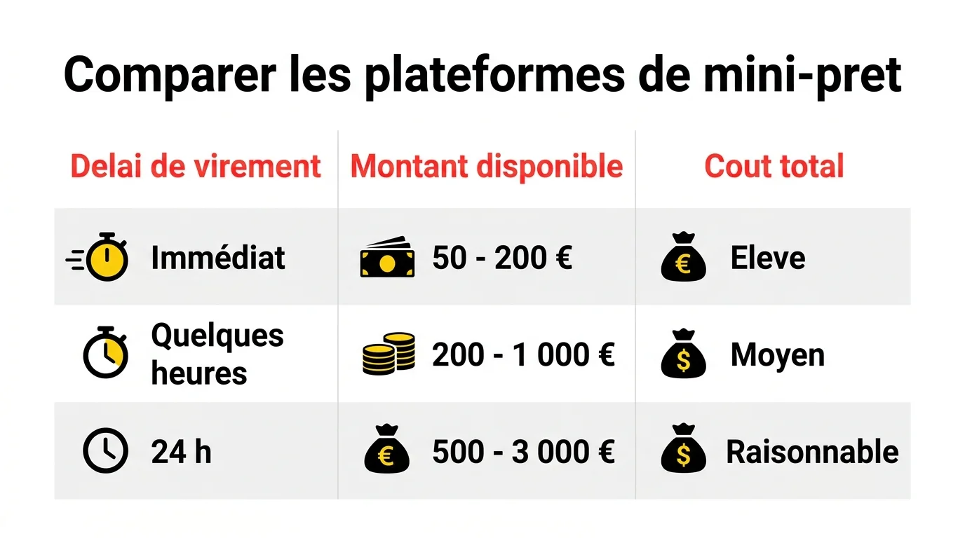 Comparatif visuel des plateformes de mini prêt express : délai de virement, montant disponible et coût total