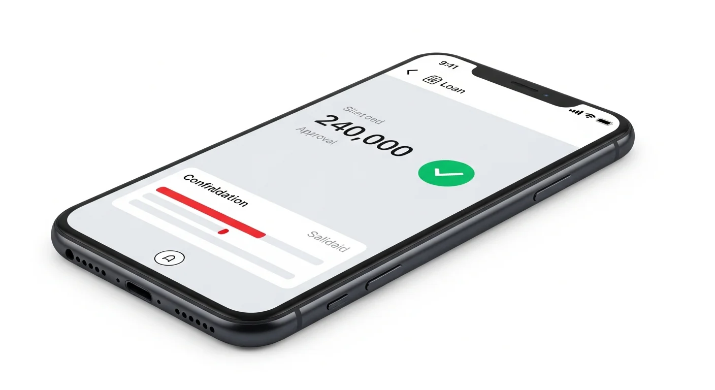 Smartphone affichant une application fintech de mini prêt avec validation de demande approuvée