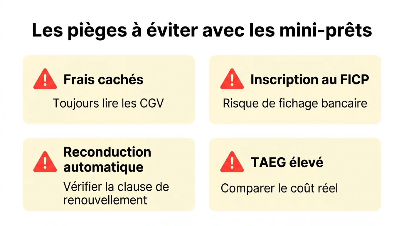Infographie des pièges à éviter avec les mini prêts express : frais cachés, FICP, reconduction automatique