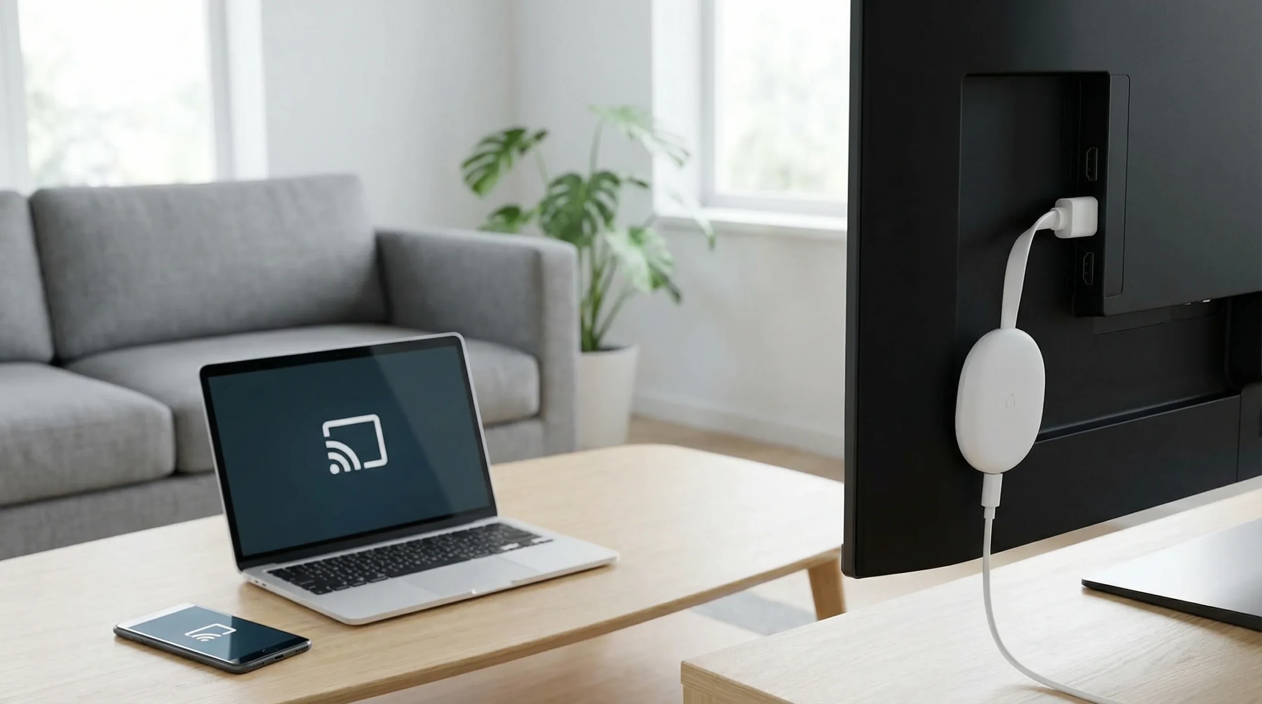 Google Chromecast branche sur une TV avec menu Cast ouvert