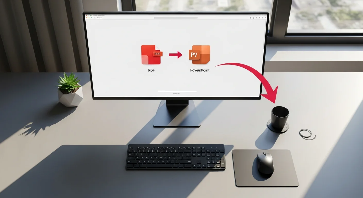 Bureau moderne avec ecran affichant une conversion de fichier PDF en presentation PowerPoint
