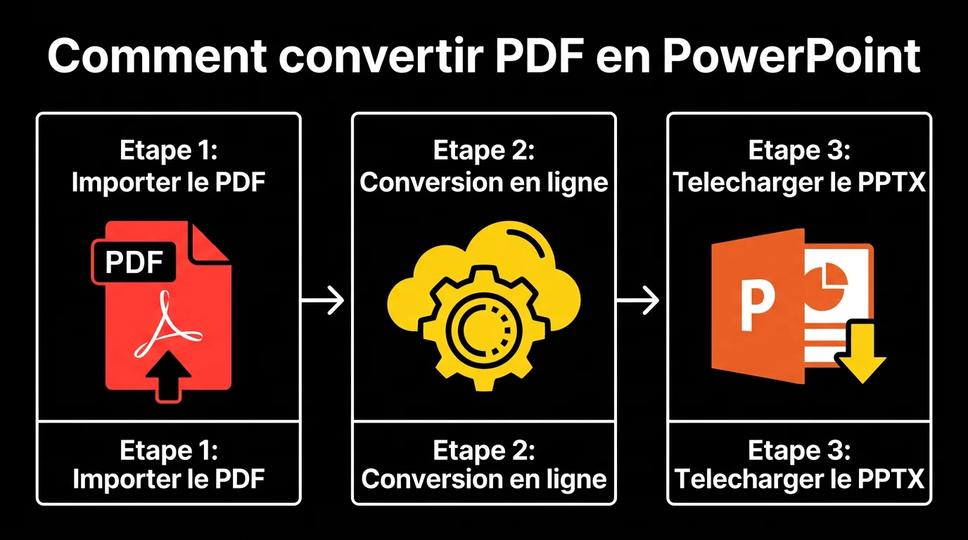 Schema en 3 etapes de la conversion PDF vers PowerPoint : import du PDF, traitement en ligne, telechargement du fichier PPTX