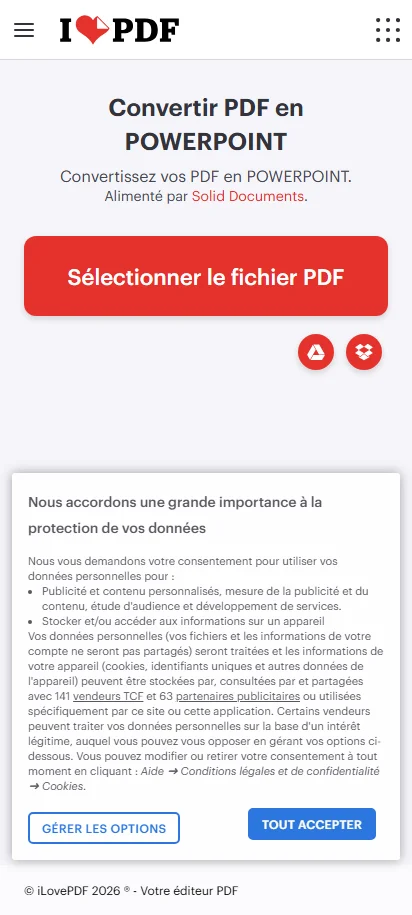 Interface de l'outil iLovePDF pour convertir un PDF en PowerPoint en ligne
