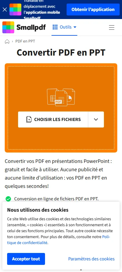 Interface de l'outil Smallpdf pour convertir un PDF en presentation PowerPoint