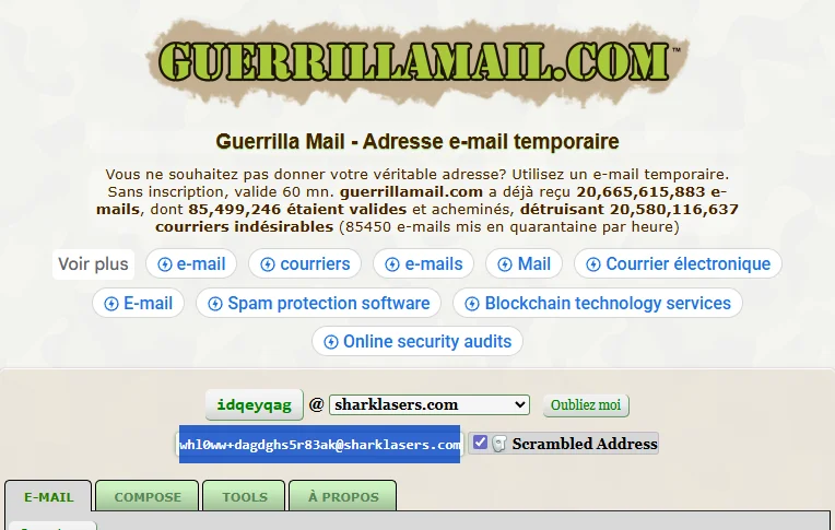Interface de Guerrilla Mail avec adresse email temporaire generee automatiquement
