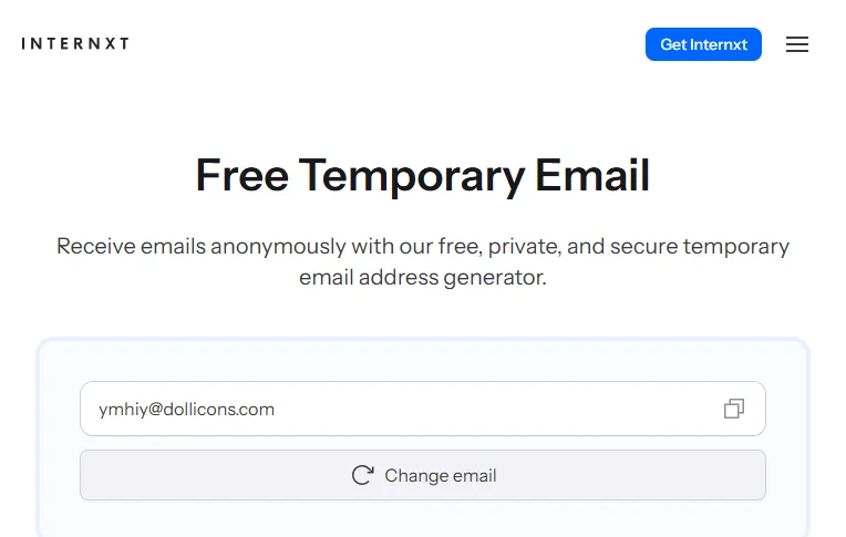 Interface du service Internxt Temporary Email avec generateur d'adresse jetable