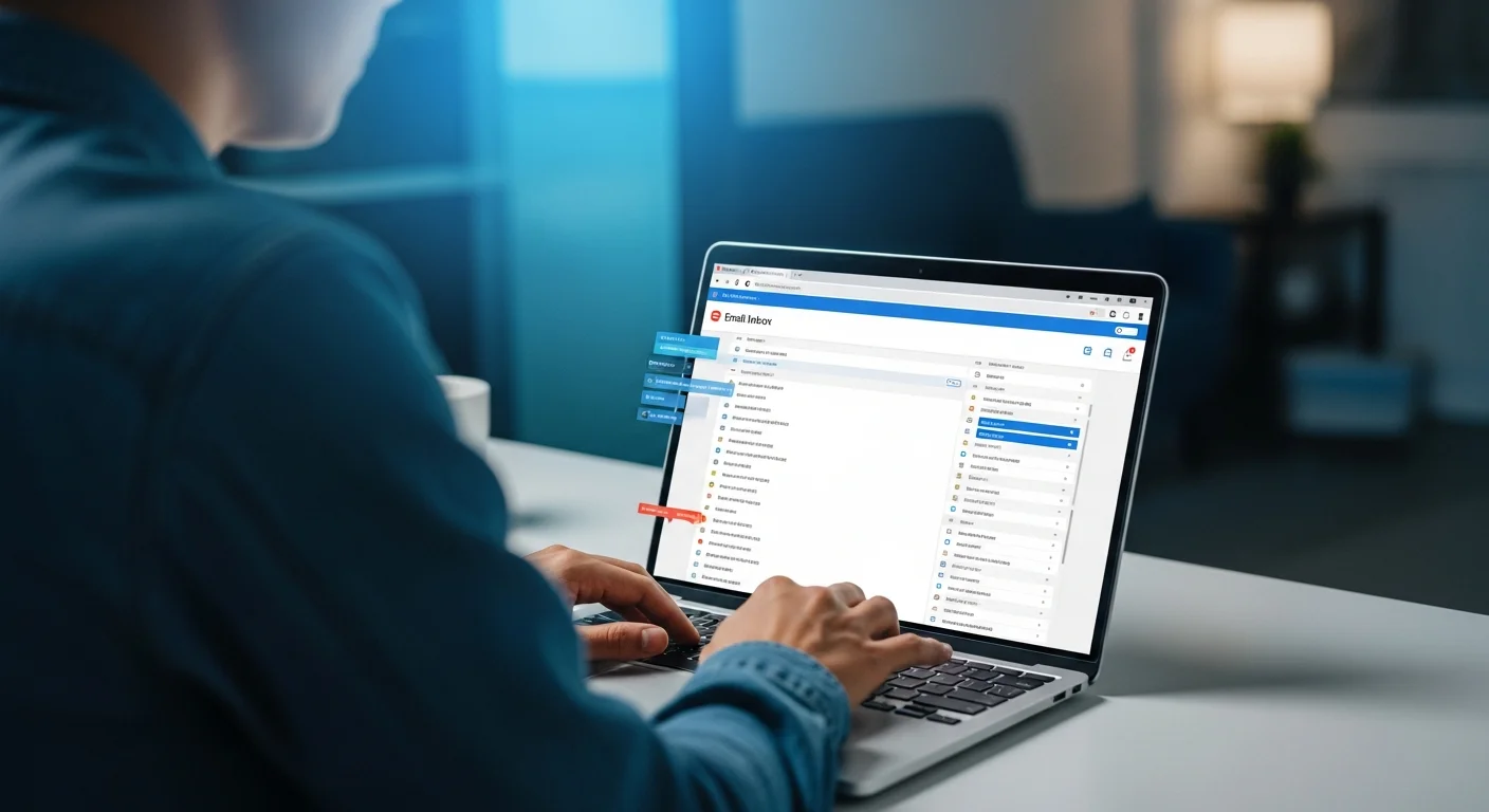 Personne utilisant un ordinateur portable avec boite mail ouverte, concept de protection de la vie privee numerique