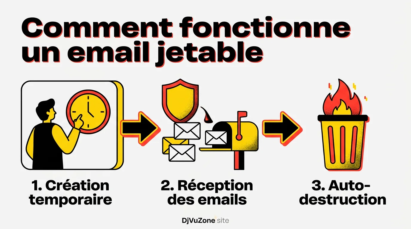 Schema du fonctionnement d'une adresse email jetable : creation temporaire, reception des emails et auto-destruction