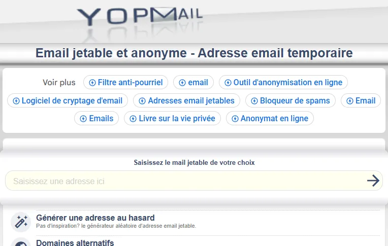 Interface de YOPmail avec champ de saisie pour creer une adresse email jetable