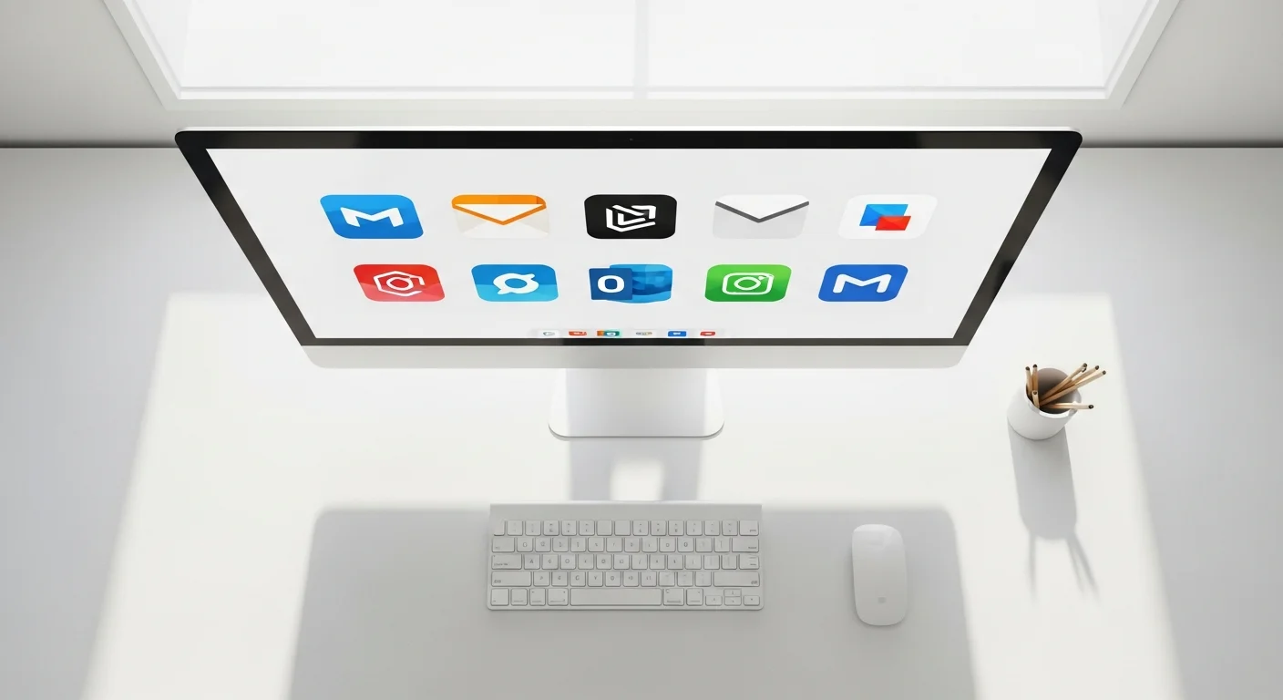 Bureau minimaliste vu de dessus avec écran affichant des icônes d'applications email alternatives