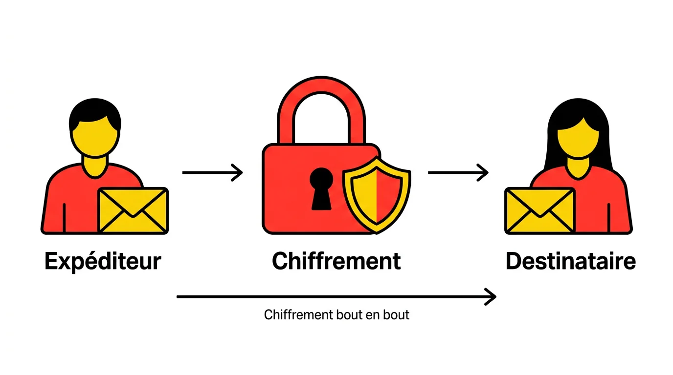 Schéma du chiffrement bout en bout d'un email : expéditeur, chiffrement, destinataire