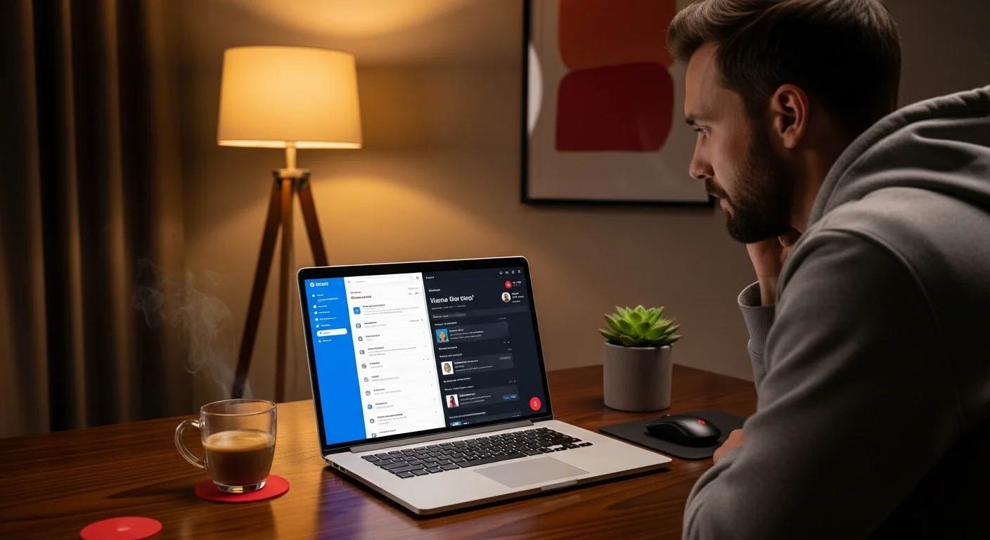 Personne comparant deux services de messagerie email sur un écran partagé d'ordinateur portable