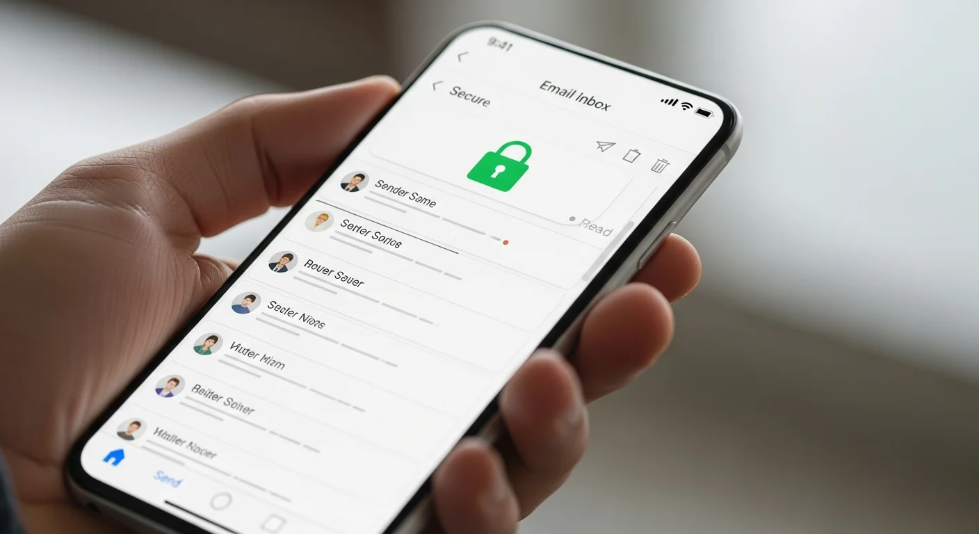 Main tenant un smartphone avec une boîte de réception email sécurisée et un cadenas vert