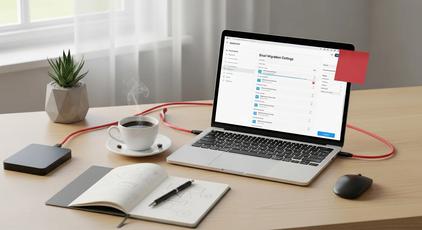Vue de dessus d'un bureau avec ordinateur portable, café, carnet et stylo pour la migration email