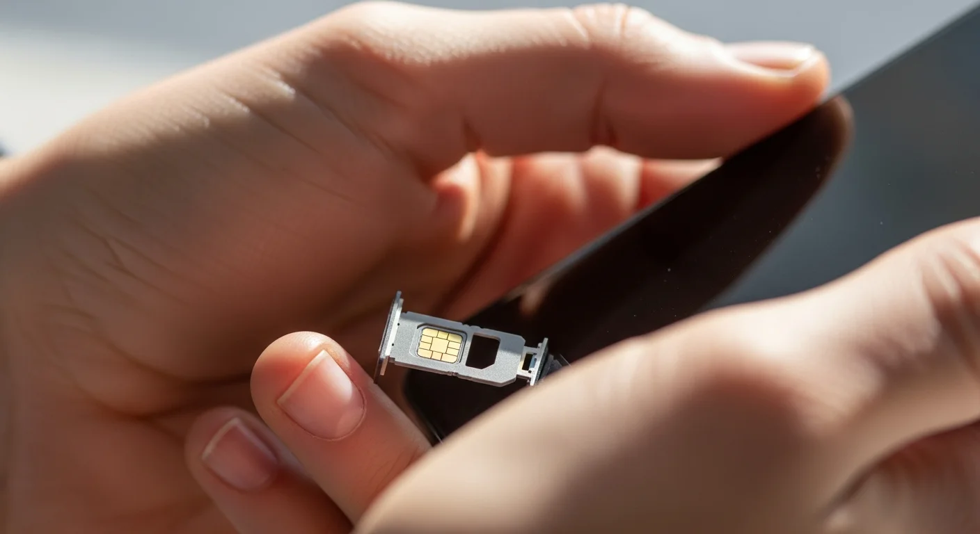 Mains tenant un smartphone avec le tiroir SIM ouvert et une nano-SIM visible