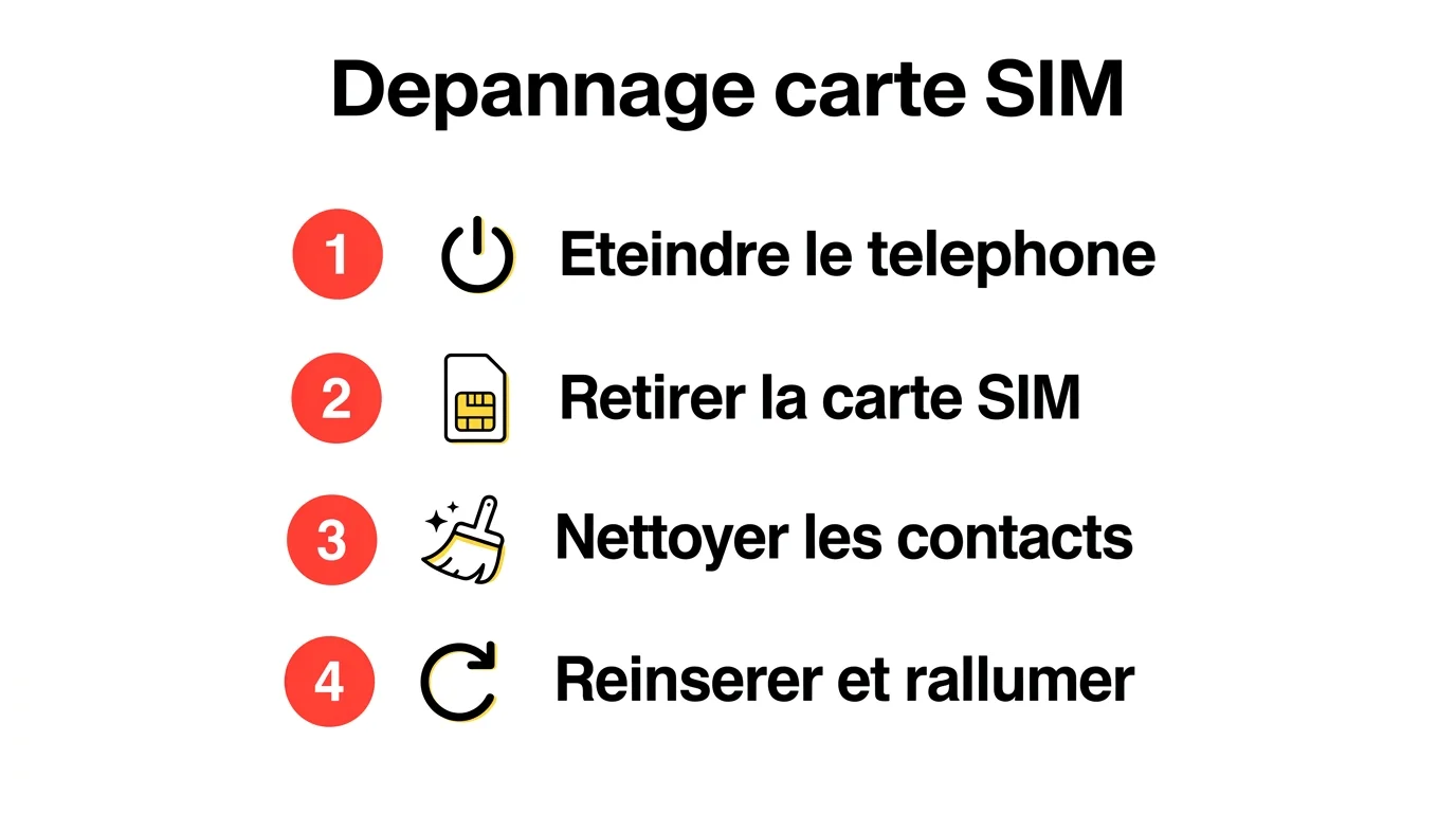 Diagramme en 4 etapes pour depanner une carte SIM non detectee