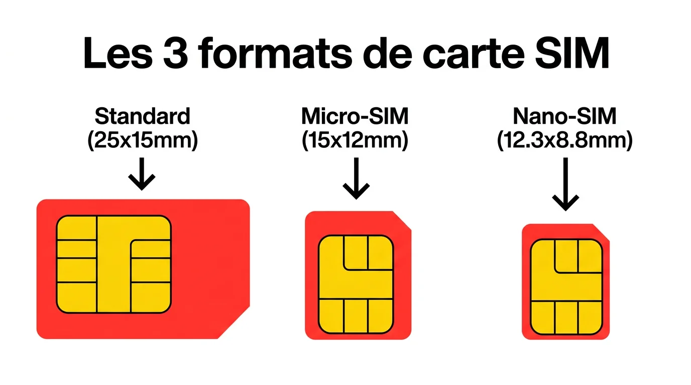 Comparaison des 3 formats de carte SIM : standard, micro-SIM et nano-SIM avec leurs dimensions